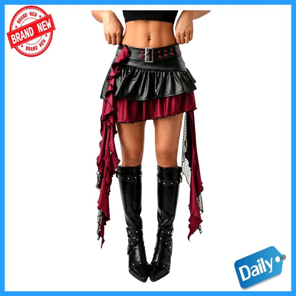 PU Leather Plaid Mini Skirt Low Rise Asymmetrical Hem Y2K Layered Ruffle